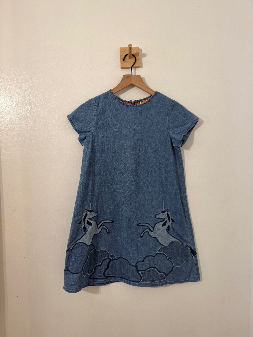 Mini Boden Girls Denim Dress Unicorn Whimsical Short Sleeve 11-12 Yr Fairytale